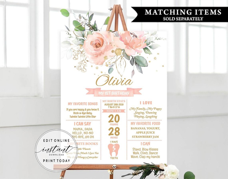 Pu&ograve; includere: Un poster rosa e oro per il primo compleanno con illustrazioni floreali. Il poster include il nome Olivia, le statistiche di nascita del bambino, le canzoni preferite, i cibi e le cose che pu&ograve; fare. Il poster &egrave; decorato con fiori rosa, glitter dorati e foglie verdi.