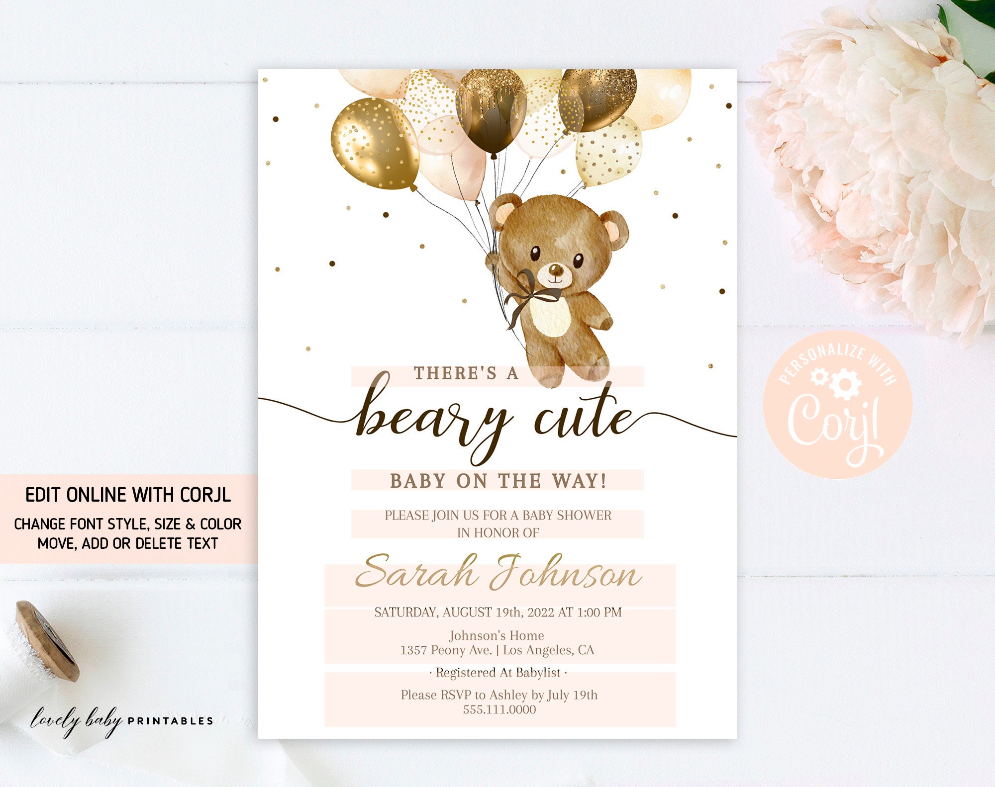 Editable Teddy Bear Baby Shower Invitation Template Bear Etsy