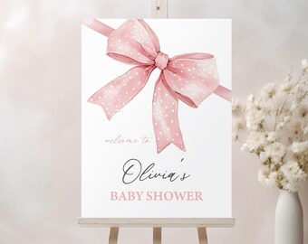 Pink Bow Baby Shower Welcome Sign Coquette Baby Girl Party Decor PB2