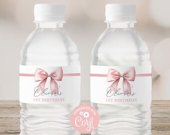 Pink Bow 1st Birthday Water Bottle Labels, Coquette Editable Party Template PB3