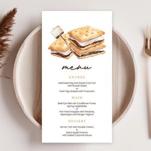 Modelo de cartão de menu de chá de bebê | Smore To Love, Smore Fun, Camping, Fogueira | Decoração de menu de festa de chá de bebê neutra editável e imprimível SM1
