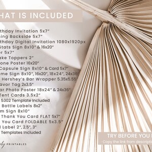 May include: A list of printable items for a first birthday party, including invitations, signs, banners, and more. The list includes sizes in inches. The text "WHAT IS INCLUDED" is at the top of the list.