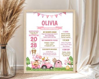 Peut inclure: Une affiche d'anniversaire encadrée pour une enfant nommée Olivia, avec des fanions roses, des animaux de ferme et un tracteur rose. Elle indique les statistiques de naissance de 20 livres et 28 pouces, ainsi que ses préférences et étapes.