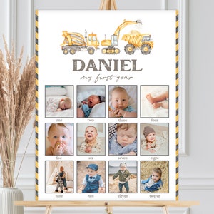 Cartel de hito de cumpleaños, signo de collage de fotos mensual, primer año del bebé / construcción, camión volquete / decoración de fiesta de cumpleaños de niños imprimible CT
