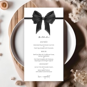 Graduierung Party Menü Karte Vorlage | Schwarz, kokett Schleife, Band | Ausdruckbares Abitur Party Menu, Deko-Ideen, Klasse 2025 DP4