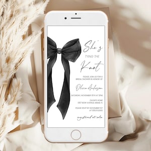 Black Bow Bridal Shower Invitation | Tying The Knot, Elegant Chic Ribbon | Digital, Smartphone Bridal Party Invite, Hens, Bachelorette BS1
