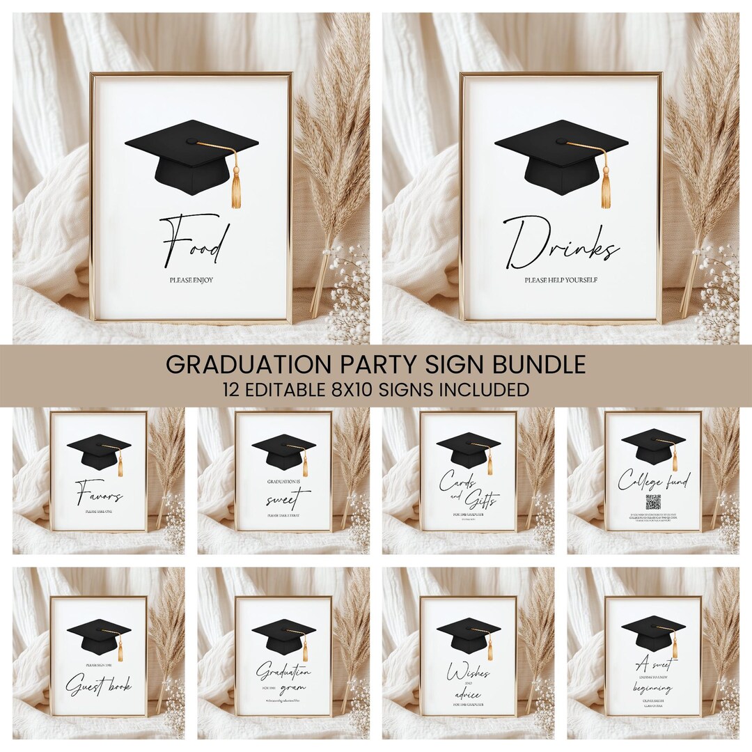 Grad Party Signs Bundle, Cap and Tassel Graduation Party Decor, Black ...