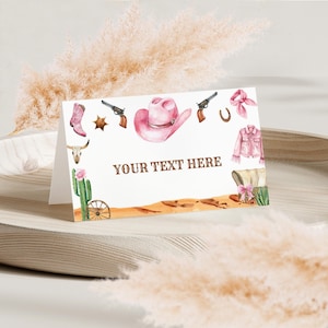 Cartões de aniversário para tendas, cartões de lugar para imprimir, etiquetas de comida | Cowgirl, primeiro rodeio, Western Hoedown | Ideias de decoração para festa de 1 ano para meninas RB2