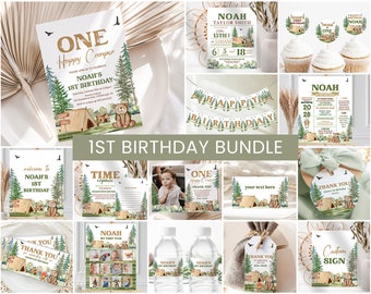 One Happy Camper Birthday Bundle, Boys 1st Birthday Invite | Camping Tent, Woodland | Printable Boys First Birthday Party Decorations, Ideas