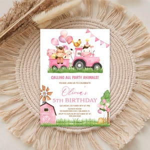 May include: A rectangular birthday invitation card featuring watercolour illustrations of a pink tractor carrying farm animals, a pink barn, and balloons. The text reads: CALLING ALL PARTY ANIMALS! PLEASE JOIN US TO CELEBRATE Olivia's 5TH BIRTHDAY SATURDAY, OCTOBER 18TH AT 1PM OLIVIA'S HOUSE 123 BARNYARD AVE | ORLANDO, FL RSVP TO EVELYN BY OCTOBER 1ST AT 555.444.4321.