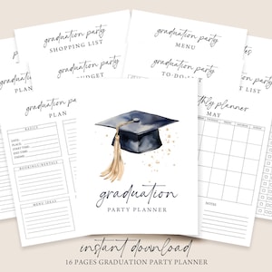 May include: A collection of white paper pages with black text, including a graduation party planner, shopping list, and to-do list. The planner features a watercolor illustration of a graduation cap with a gold tassel. The words "graduation party" and "instant download" are also visible.