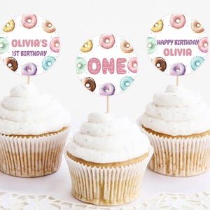 Printable Cupcake Toppers, Party Cake Decoration | Donut, Sweet ONE, Pink Doughnut | Girls 1st Birthday Decor Ideas, Custom Cake Toppers DWM
