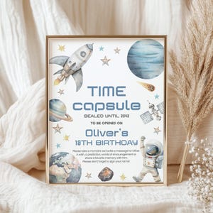 Time Capsule Geburtstagskarte | Weltraum, Astronaut, Erste Reise Um die Sonne | Druckbare Jungen 1. Geburtstag Party Dekor, Spiele, Andenken SC1