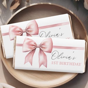 Chocolate Bar Wrapper, Candy Bar | Pink Bow, Coquette Bow, Soft Pink Ribbon | Printable Girl 1st Birthday Party Decor Hershey Bar Favors PB3