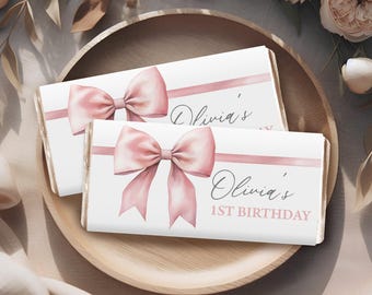 Envoltorio de barra de chocolate, barra de caramelo / lazo rosa, lazo coqueto, cinta rosa suave / decoración imprimible para fiesta de primer cumpleaños de niña Hershey Bar Recuerdos PB3