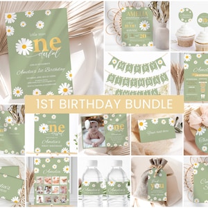 Daisy primo compleanno Bundle ragazza 1o compleanno invito stampabile modificabile verde salvia compleanno festa Decor Boho retrò anni '70 Vibe Bday pacchetto