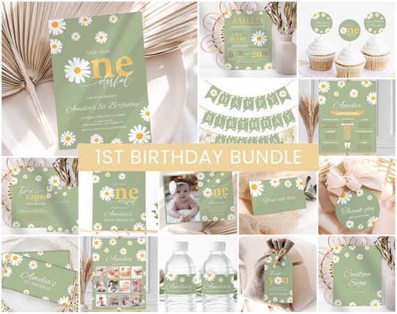 Sage Green Daisy 1st Birthday Bundle, Girl Invitation, Boho Birthday Decor (Editable/Printable)