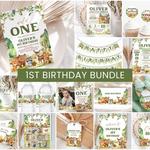 Woodland-verjaardagsbundel, uitnodiging jongens 1e verjaardag | Bos, bosdieren, Wild ONE | Afdrukbare decoraties voor het eerste verjaardagsfeestje, ideeën