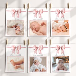 Maandelijks fotobanner, 12 maanden verjaardagsbanner, jaar in foto's | Roze flirtstrik, zachtroze lint | Decoratie feest 1e verjaardag meisjes PB1