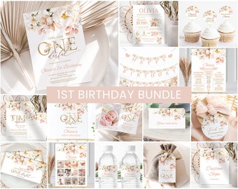 Pacchetto stampabile per il primo compleanno con motivo floreale Blush, pacchetto per il primo compleanno, invito modificabile per il primo compleanno, decorazioni per feste di compleanno per ragazze Miss ONEderful