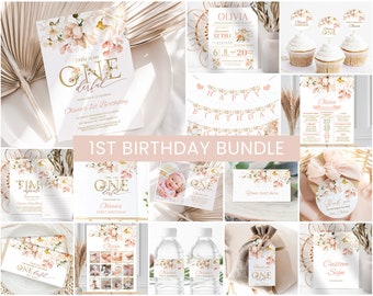 Blush Floral 1st Birthday Bundle Printable First Birthday Bundle Editable 1st Birthday Invitation Girl Miss ONEderful Bday Party Decorations