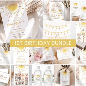 Editable Sunshine Birthday Bundle, Sun 1st Birthday Invite Pack | Our Little Sunshine, Boho Retro | Printable First Birthday Decor Favors