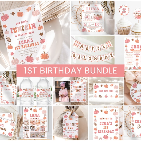 Pumpkin Birthday Bundle, Girls 1st Birthday Invite | Our Little Pumpkin, Fall, Autumn | Printable Girl First Birthday Party Decoration Ideas