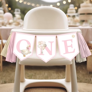 High Chair Banner, Birthday ONE Banner | ONE Silly Goose, Pink Gingham, Retro | Printable Girls First Birthday Party Banner, Decor Ideas OSG