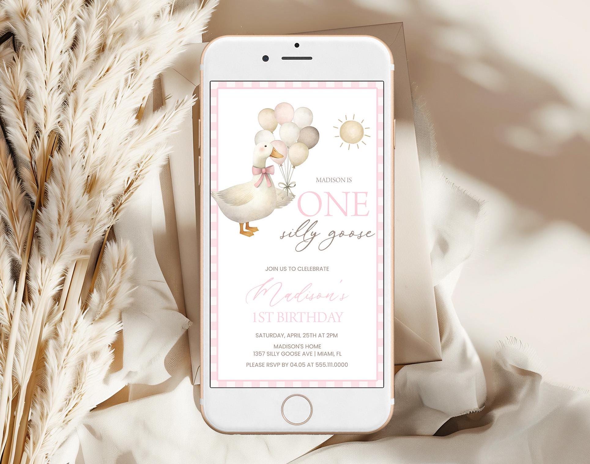 ONE Silly Goose Birthday Invitation, Digital Evite | Balloons, Pink Gingham, Retro | Girl 1st Birthday Party Invite Template, Smartphone OSG