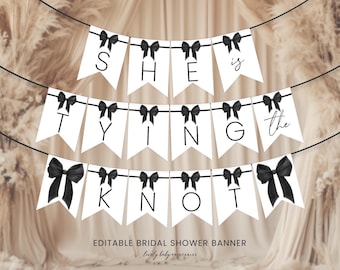 Bridal Shower Banner, She&#39;s Tying The Knot | Black Bow, Elegant Chic Ribbon | Printable Wedding Shower Hens Party Bunting Custom Garland BS1