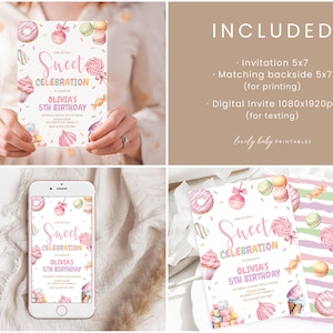 May include: A printable invitation for a 5th birthday party with a sweet theme. The invitation features a watercolor illustration of cupcakes, donuts, lollipops, and macarons. The text on the invitation reads "Join us for a Sweet Celebration in honor of Olivia's 5th Birthday".