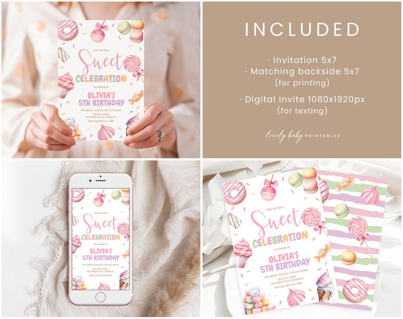 May include: A printable invitation for a 5th birthday party with a sweet theme. The invitation features a watercolor illustration of cupcakes, donuts, lollipops, and macarons. The text on the invitation reads "Join us for a Sweet Celebration in honor of Olivia's 5th Birthday".