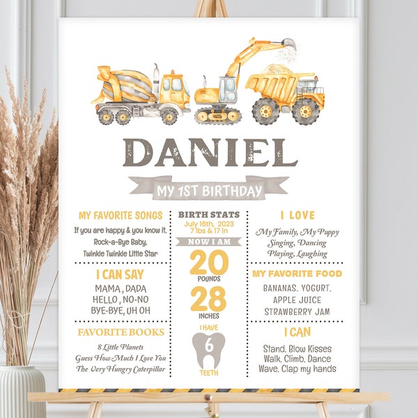 Baby Boys 1st Birthday Milestone Sign, Poster | Construction Dump Truck | Printable First Birthday Party Decor, Milestone Board, Keepsake CT