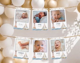 Nautical Monthly Photo Banner, Sailboat 1st Birthday Milestone Banner | Printable Editable NAU
