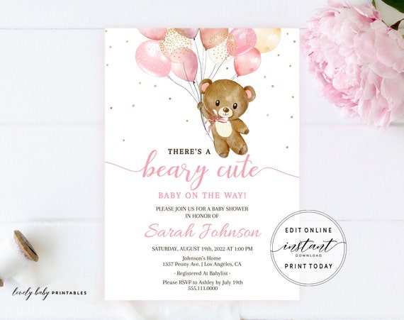 Bearly Wait Baby Shower Invitation Teddy Bear Pink Balloons
