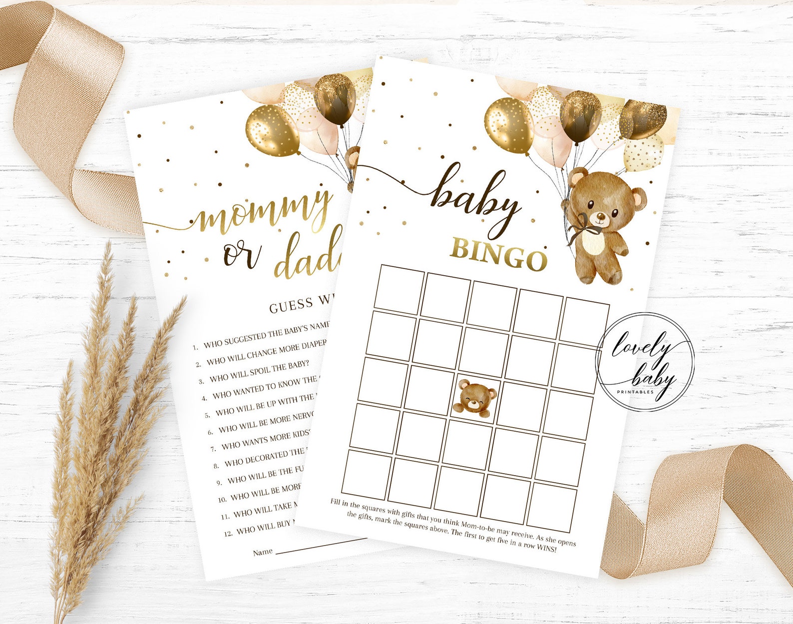 Printable Teddy Bear Baby Shower Games Bundle Gold Balloons | Etsy