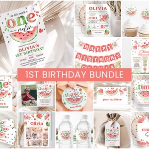 Watermelon Birthday Bundle, Girls 1st Birthday Invite Pack | One In A Melon, Summer | Printable Girls First Birthday Party Decorations Signs