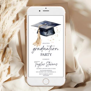 Invitación para fiesta de graduación, invitación para teléfono inteligente, birrete y borla azul marino, tarjeta de anuncio de graduación, escuela secundaria, universidad, clase 2025 GP1
