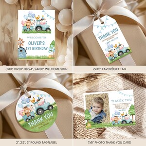 May include: A collection of party supplies featuring a blue tractor with animal characters. Includes a welcome sign, gift tags, round labels, and a photo thank you card. The welcome sign is available in various sizes, from 8x10 inches to 24x36 inches.