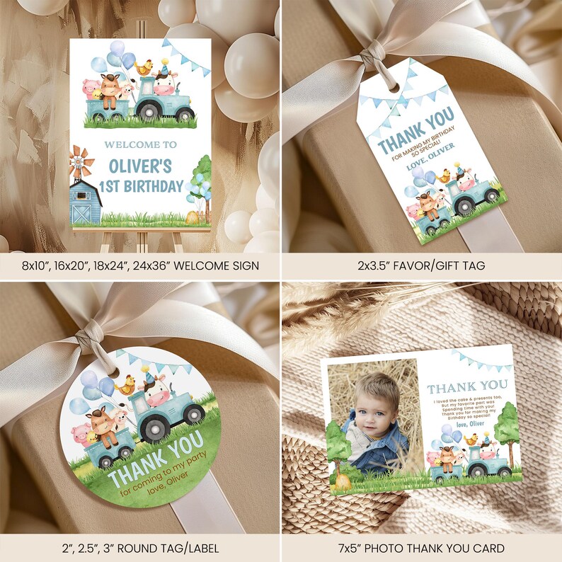 May include: A collection of party supplies featuring a blue tractor with animal characters. Includes a welcome sign, gift tags, round labels, and a photo thank you card. The welcome sign is available in various sizes, from 8x10 inches to 24x36 inches.