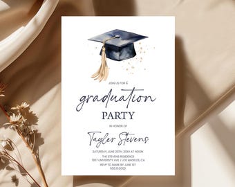 Graduation Party Invitation, Invite | Cap & Tassel Navy Blue | Printable Senior Grad Announcement Card, High School, College, Class 2026 GP1