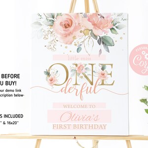 Pu&ograve; includere: Un cartello bianco con accenti floreali rosa e dorati. Il cartello dice "little miss ONEderful" e "Benvenuti al primo compleanno di Olivia". Il cartello misura 20,32 cm x 25,4 cm o 40,64 cm x 50,8 cm.
