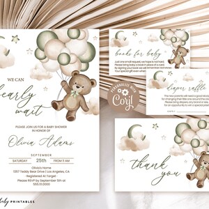 Teddy Bear Baby Shower Invitation Set, Suite | Green Balloons, We Can Bearly Wait | Printable Boy Baby Shower Party Pack Invite Template ZTB