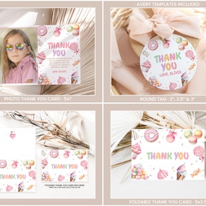 May include: A set of printable thank you cards featuring a colorful candy and dessert theme. The cards include a photo card, a round tag, and a foldable card. The text on the cards says "Thank You" and "Love, Olivia".