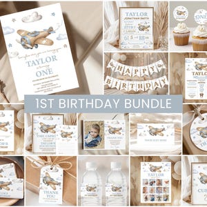 Airplane 1st Birthday Bundle, Invite | Retro Fighter Plane, Pilot, Time Flies | Printable Boys First Birthday Party Decor Ideas, Signs AP2