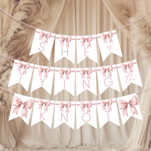 Bridal Shower Banner, She&#39;s Tying The Knot | Pink Coquette Bow, Chic Ribbon | Printable Wedding Shower Hens Party Bunting Custom Garland BS3