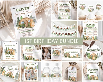 One Happy Camper Birthday Invitation Bundle, Boys 1st Birthday Party Decor | Camping, Woodland | Printable, Editable (Instant Download)