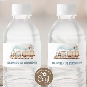 Editable Water Bottle Label | Train, Chugga Choo, Steam Engine, Locomotive | Printable Boy 1st Birthday Party Decor, Custom Bottle Label TR1