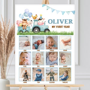 Foto Meilenstein Schild, 12 Monate Poster, Baby Fotocollage | Bauernhof Scheunentiere Scheunenhof, Ranch | Printable Boys 1st Birthday Party Decor FA2