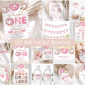 Donut First Birthday Bundle Baby Girl Birthday Invitation Bundle Sweet ONE 1st Birthday Party Decor Pink Donut Baby Girl Birthday Package